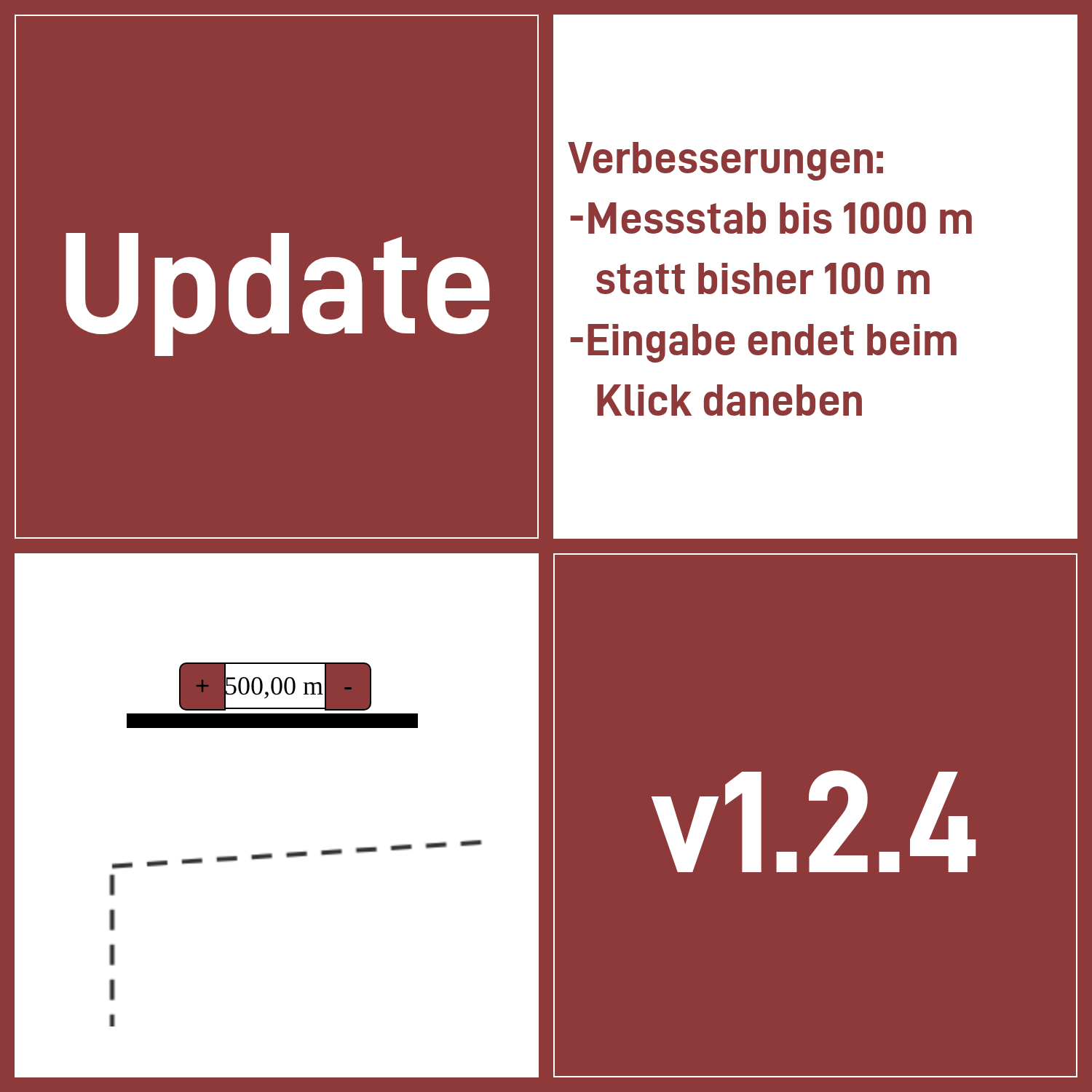 Update-Grafik zu Version 1.2.4: Messstab bis 1000 m statt bisher 100 m, Eingabe endet beim Klick daneben. Dazu ein Screenshot des Messstabs mit 500 m.