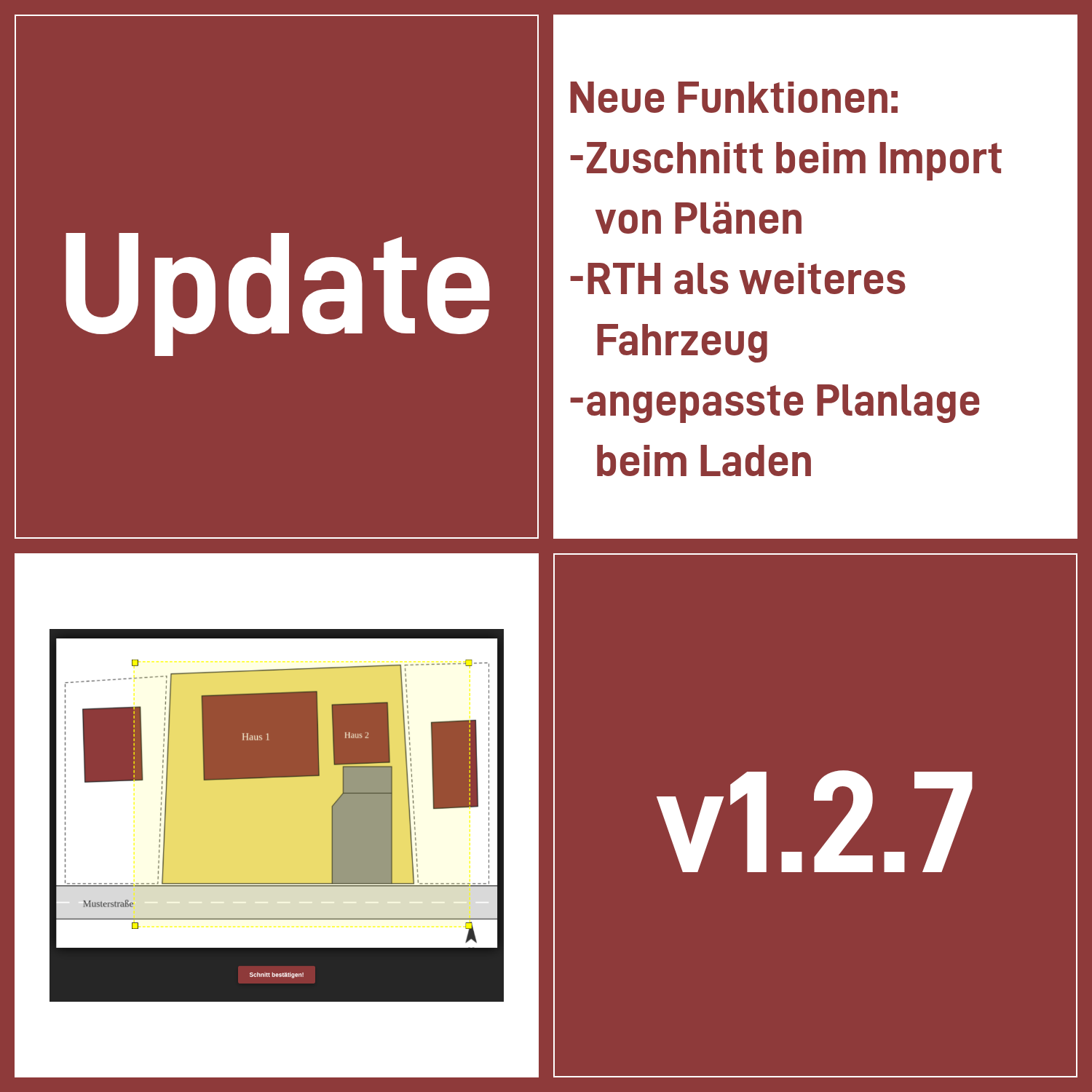 Update-Grafik zu Version 1.2.7: Zuschnitt beim Importieren von Plänen, Rettungshubschrauber als neues Fahrzeug, angepasste Planlage beim Laden. Dazu ein Screenshot des Zuschnitt-Rahmens auf einem Musterplan.