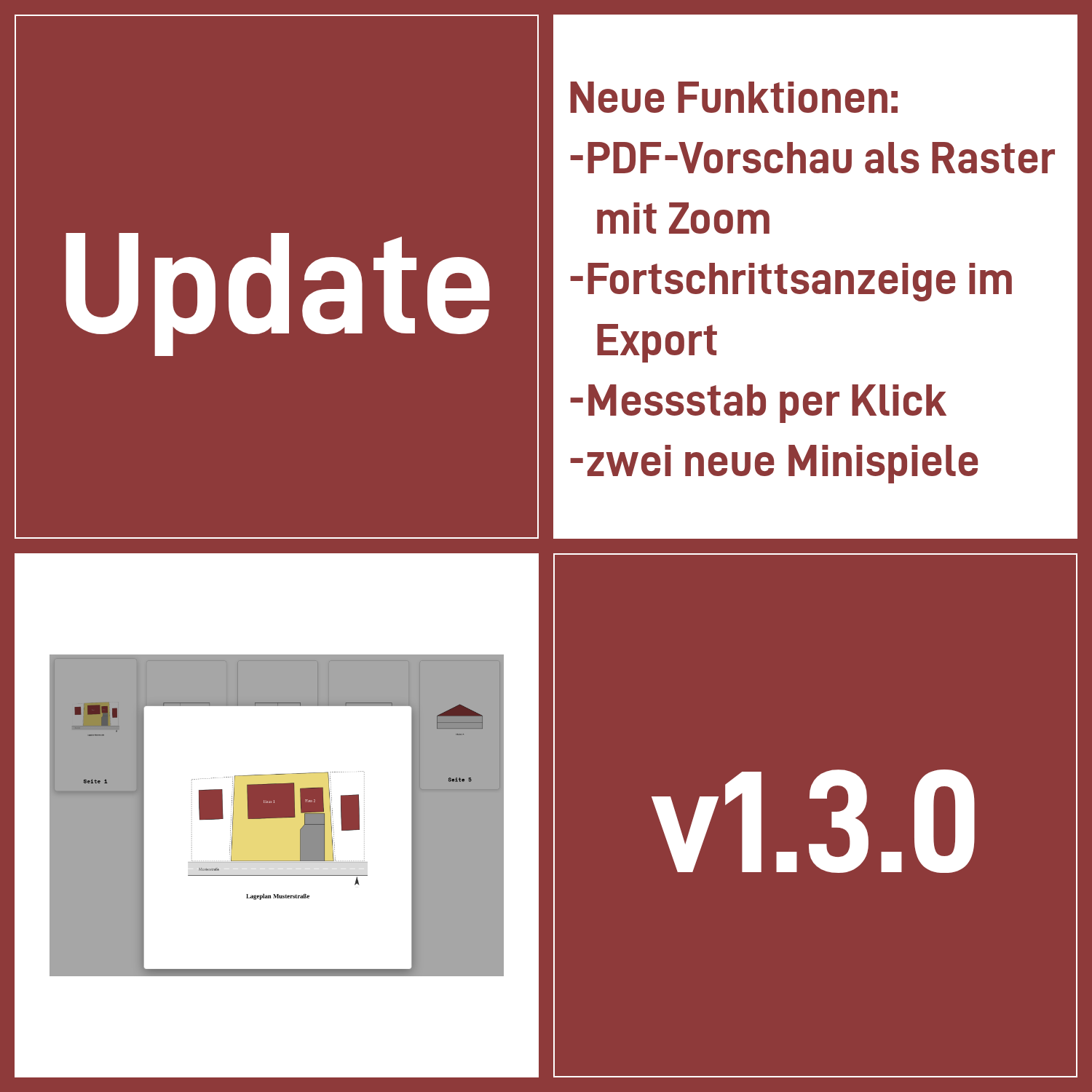 Update-Grafik zu Version 1.3.0: PDF-Vorschau als Raster mit Zoom, Fortschrittsanzeige im Export, Messstab per Klick, zwei neue Minispiele. Dazu ein Screenshot der Seitenvorschau eines mehrseitigen Muster-PDFs mit vergrößerter erster Seite.
